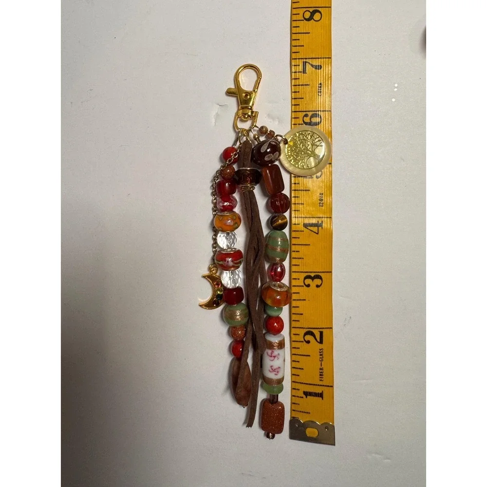 Boho Beaded Bag Purse Charm‎ reds & brown colors gold tone Gift